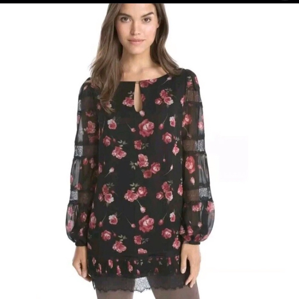 White House Black Market Black Dress with Pink Floral Design EUC size 6